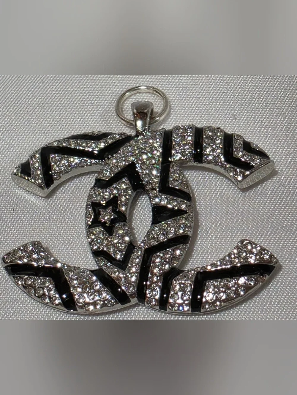 CHANEL Black and Silver Crystal CC Logo Pendant Charm